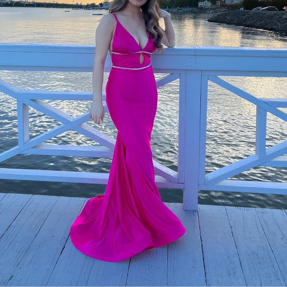 Jovani Dresses & Skirts - Hot Pink V Neck Plunge Embellished Mermaid Prom Dress